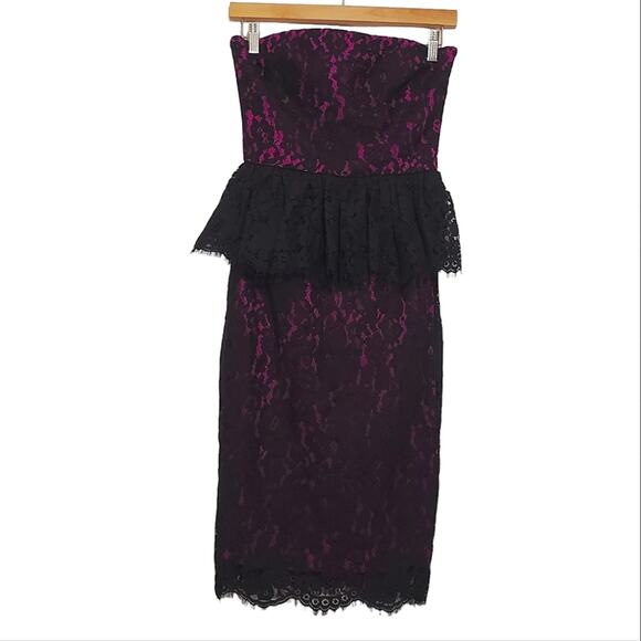 Robert Rodriquez | Peplum Lace Magenta and Black Strapless Cocktail Dress - Picture 1 of 12
